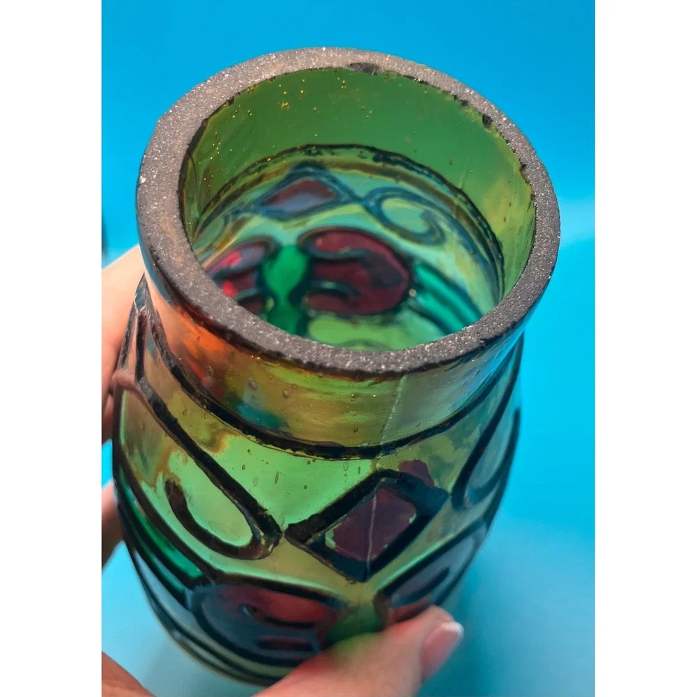 Oil Lamp Candle Chimney Small Green Red Stained Glass Style Relief